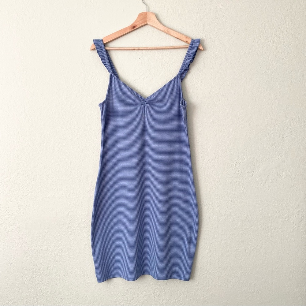 ABERCROMBIE Ruffle Sleeve Body-con Mini Dress in Blue Stripe Size L